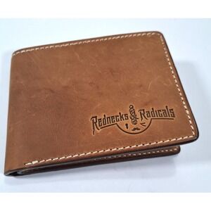 Rednecks & Radicals Mens Brown Distressed Leather Bifold Wallet Barber Logo